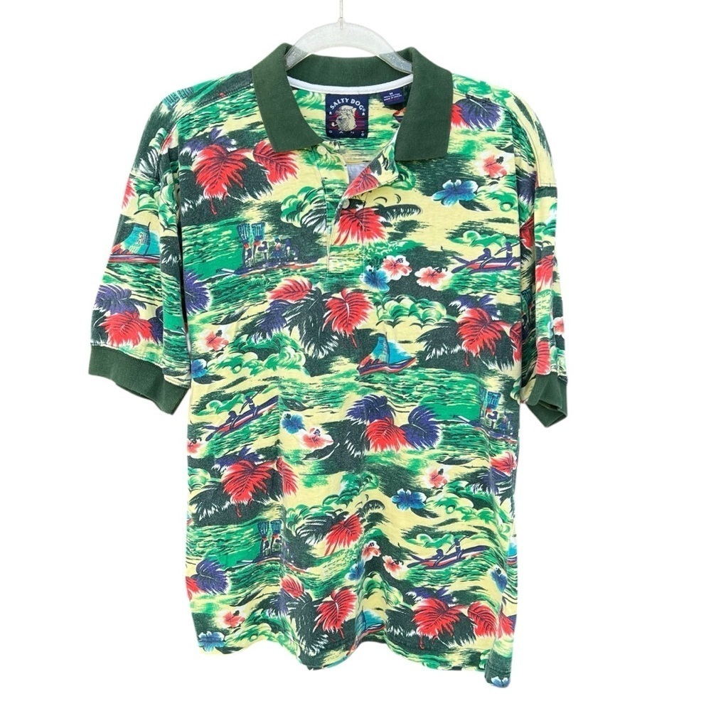 Vintage 90s Gant Salty Dog Island Life Tropical Print Polo Shirt Resort Med GUC